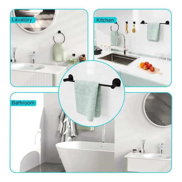 Alt view image 7 of 7 - Bathroom Hardware Set 5 Pieces, Black Matte Towel Bar Set Wall Mounted, Includes 15In Hand Towel Bar, Towel Ring, 2PCS Towel Hook, Toilet Paper Holder, Stainless Steel Bathroom Accessories Set