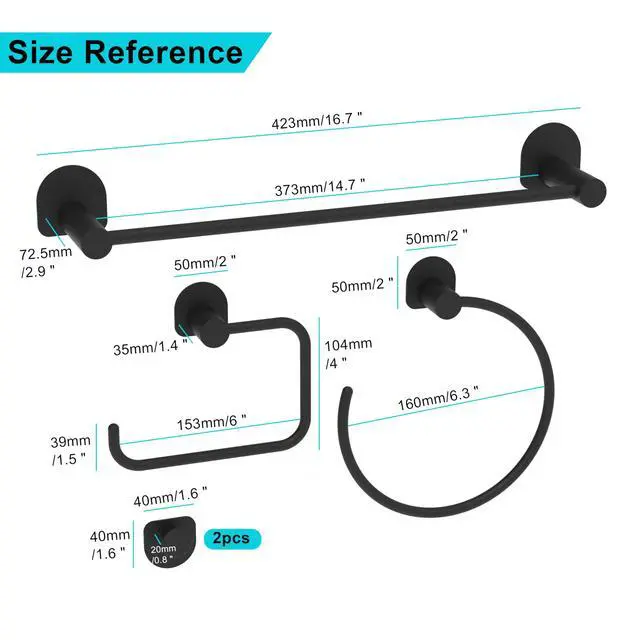 Alt view image 2 of 7 - Bathroom Hardware Set 5 Pieces, Black Matte Towel Bar Set Wall Mounted, Includes 15In Hand Towel Bar, Towel Ring, 2PCS Towel Hook, Toilet Paper Holder, Stainless Steel Bathroom Accessories Set