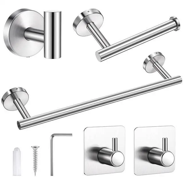 Main image of 5 Piece Bathroom Accessories Set, Bathroom Hardware Set, Wall Mounted Thickened 304 Stainless Steel Towel Holder Sets, Includes 16" Towel Rod+Toilet Paper Holder+3 Multifunctional Hooks