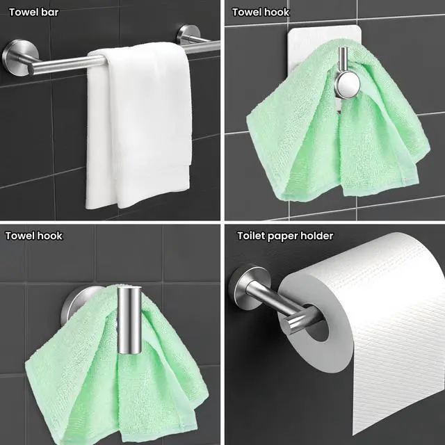 Alt view image 2 of 7 - 5 Piece Bathroom Accessories Set, Bathroom Hardware Set, Wall Mounted Thickened 304 Stainless Steel Towel Holder Sets, Includes 16" Towel Rod+Toilet Paper Holder+3 Multifunctional Hooks