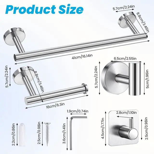 Alt view image 3 of 7 - 5 Piece Bathroom Accessories Set, Bathroom Hardware Set, Wall Mounted Thickened 304 Stainless Steel Towel Holder Sets, Includes 16" Towel Rod+Toilet Paper Holder+3 Multifunctional Hooks