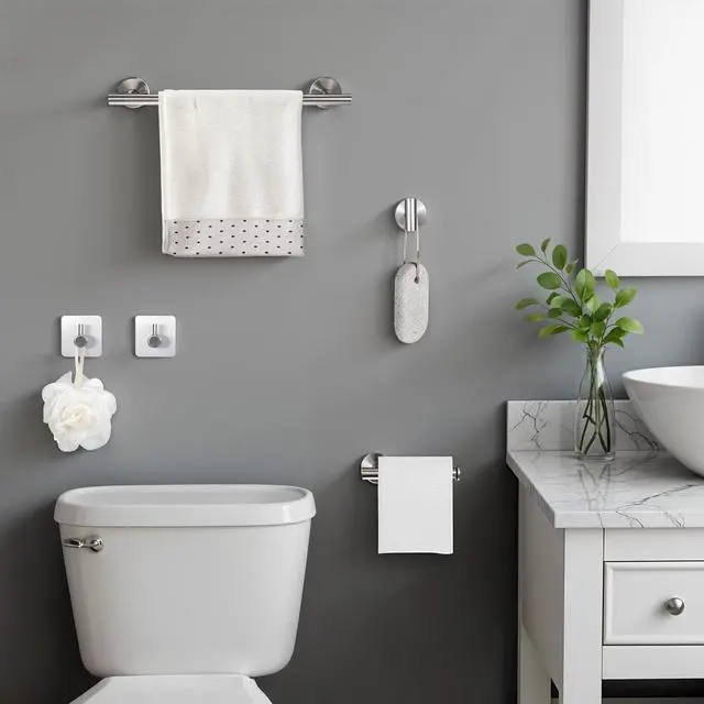 Alt view image 4 of 7 - 5 Piece Bathroom Accessories Set, Bathroom Hardware Set, Wall Mounted Thickened 304 Stainless Steel Towel Holder Sets, Includes 16" Towel Rod+Toilet Paper Holder+3 Multifunctional Hooks