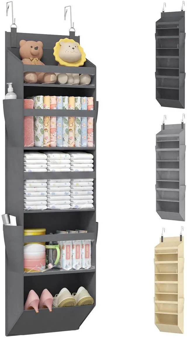 Main image of 1 Pack Over the Door Organizer, 5 Section Clear Window Hanging Storage with 4 Side Pockets, Sturdy Anti Tilt 40 lbs Load Behind Door for Closet, Bedroom, Bathroom, Nursery, Dorm, Dark Gray