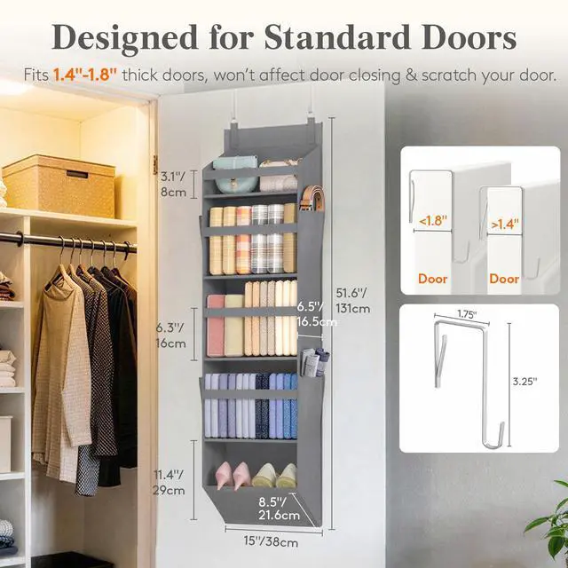 Alt view image 2 of 7 - 1 Pack Over the Door Organizer, 5 Section Clear Window Hanging Storage with 4 Side Pockets, Sturdy Anti Tilt 40 lbs Load Behind Door for Closet, Bedroom, Bathroom, Nursery, Dorm, Dark Gray
