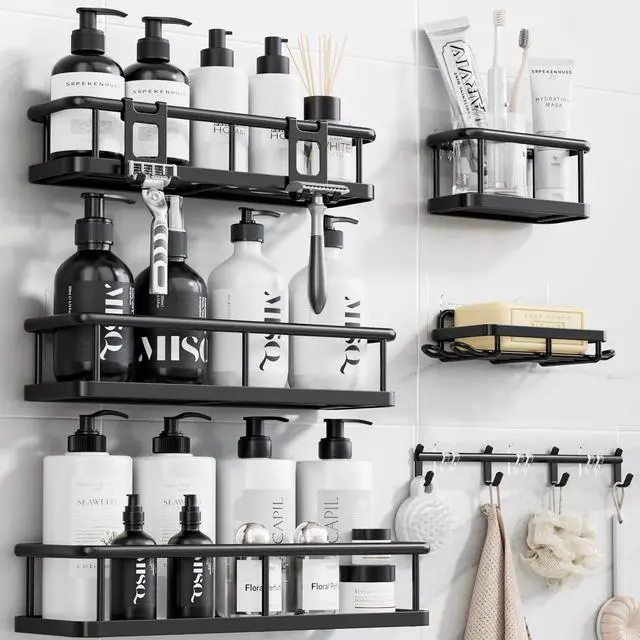 Main image of Shower Caddy Adhesive, Rustproof Shower Organizer with Soap Holder, Large Capacity Shower Shelves for Inside Shower, No Drilling Bathroom Organizers and Storage for Home Decor 6 Pack Black