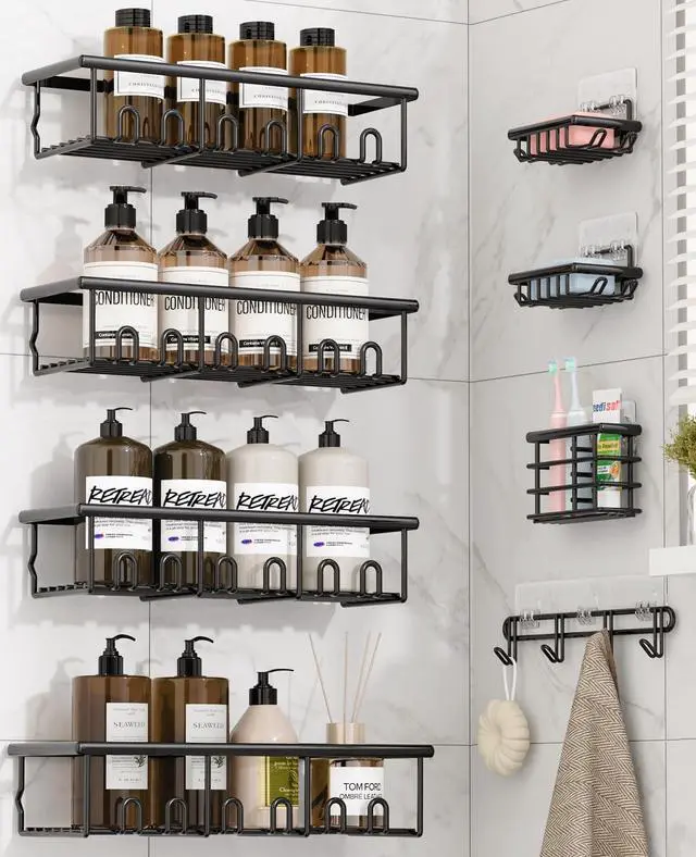 Main image of 8 Pack Adhesive Rustproof Shower Caddy with Soap Dishes, Toothbrush Holder & Hooks, Large Capacity No-Drilling Shower Shelves Rack for Bathroom Organizers and Storage Accessories, Black