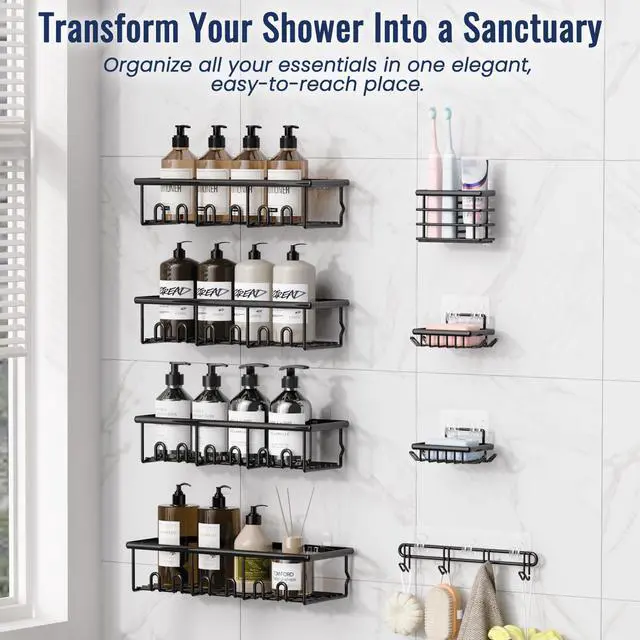 Alt view image 3 of 7 - 8 Pack Adhesive Rustproof Shower Caddy with Soap Dishes, Toothbrush Holder & Hooks, Large Capacity No-Drilling Shower Shelves Rack for Bathroom Organizers and Storage Accessories, Black