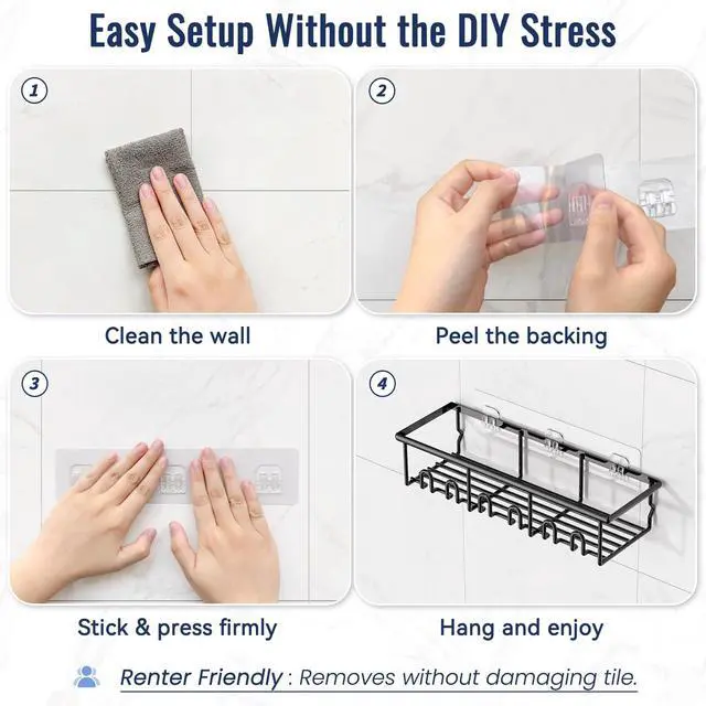 Alt view image 6 of 7 - 8 Pack Adhesive Rustproof Shower Caddy with Soap Dishes, Toothbrush Holder & Hooks, Large Capacity No-Drilling Shower Shelves Rack for Bathroom Organizers and Storage Accessories, Black