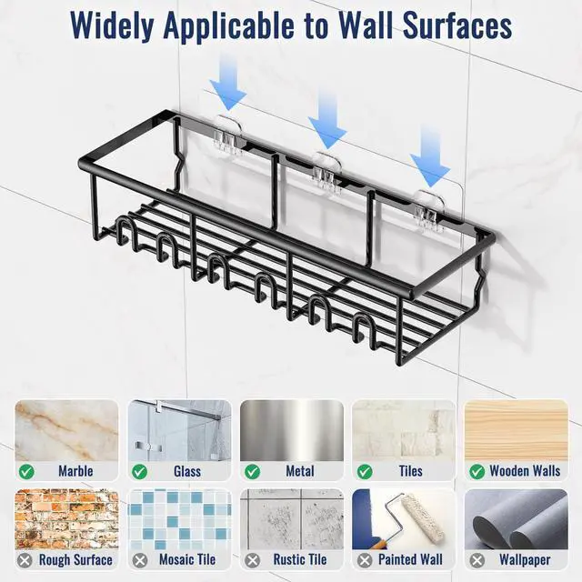 Alt view image 7 of 7 - 8 Pack Adhesive Rustproof Shower Caddy with Soap Dishes, Toothbrush Holder & Hooks, Large Capacity No-Drilling Shower Shelves Rack for Bathroom Organizers and Storage Accessories, Black