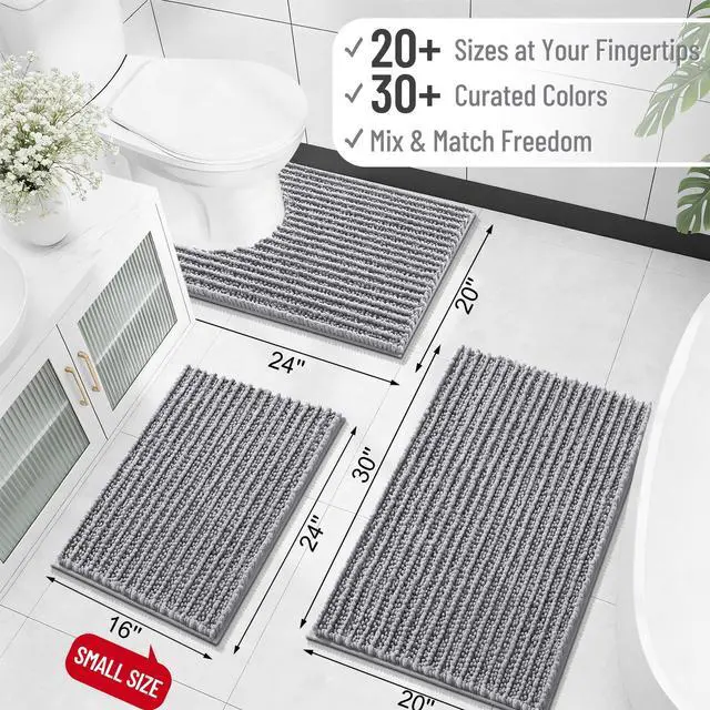 Alt view image 2 of 7 - Bathroom Rug Mat 30x20, Thick Soft and Absorbent Chenille Bath Mat, Non-Slip Rubber Backing, Machine Washable Quick Dry Bath Rugs for Tub Shower Floor, Home Decor Accessories, Grey
