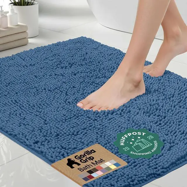 Main image of Bath Rug Mat, Thick Soft Absorbent Chenille, Quick Dry Microfiber Mats, Rubber Backing Washable Shower Floor Rugs, US Designed Bathroom Bathmat Home Decor Accessories, 24x17, Blue