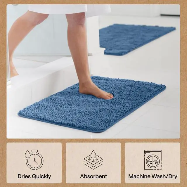 Alt view image 7 of 7 - Bath Rug Mat, Thick Soft Absorbent Chenille, Quick Dry Microfiber Mats, Rubber Backing Washable Shower Floor Rugs, US Designed Bathroom Bathmat Home Decor Accessories, 24x17, Blue