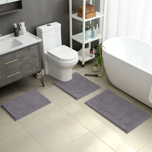 Alt view image 2 of 7 - 3 Pieces Bathroom Rugs, Soft Thick Absorbent Chenille Bath Mats, Washable Non-Slip Floor Rugs for Shower & Bath, Grey
