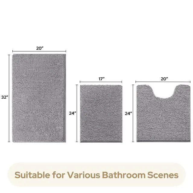 Alt view image 5 of 7 - 3 Pieces Bathroom Rugs, Soft Thick Absorbent Chenille Bath Mats, Washable Non-Slip Floor Rugs for Shower & Bath, Grey