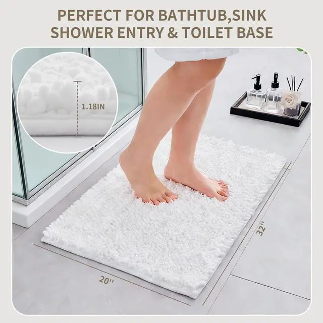 Alt view image 2 of 7 - Bathroom Rugs Non Slip Washable 32x20, Extra Thick Soft Chenille Absorbent Bath Mat, High Density Barrier Non Slip Backing, Quick Dry Plush Shaggy Floor Carpet for Tub&Shower, White
