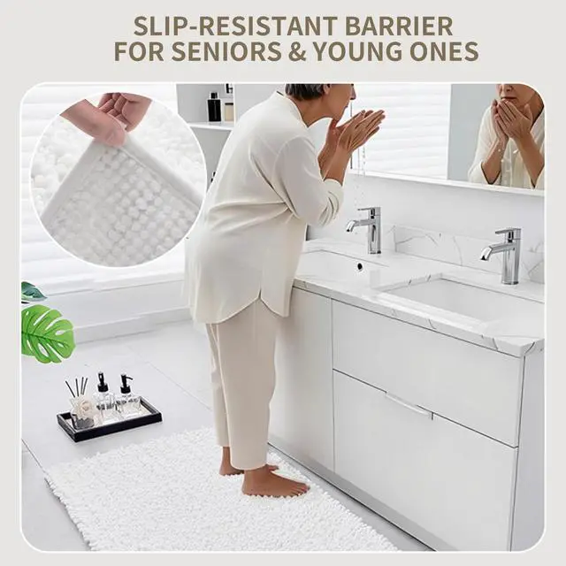 Alt view image 6 of 7 - Bathroom Rugs Non Slip Washable 32x20, Extra Thick Soft Chenille Absorbent Bath Mat, High Density Barrier Non Slip Backing, Quick Dry Plush Shaggy Floor Carpet for Tub&Shower, White