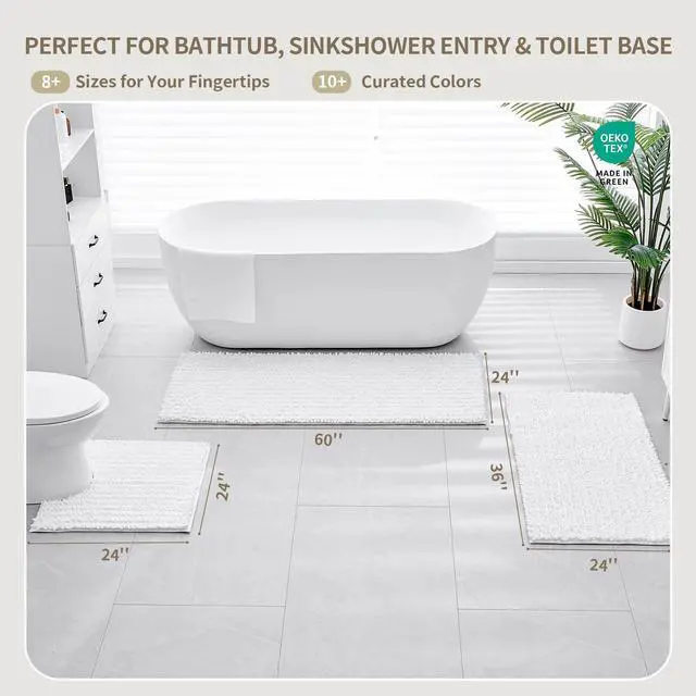 Alt view image 5 of 7 - Bathroom Rugs Non Slip Washable 32x20, Extra Thick Soft Chenille Absorbent Bath Mat, High Density Barrier Non Slip Backing, Quick Dry Plush Shaggy Floor Carpet for Tub&Shower, White