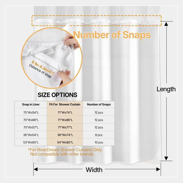 Alt view image 2 of 7 - Fabric Snap in Shower Curtain Liner Replacement,White,70x54