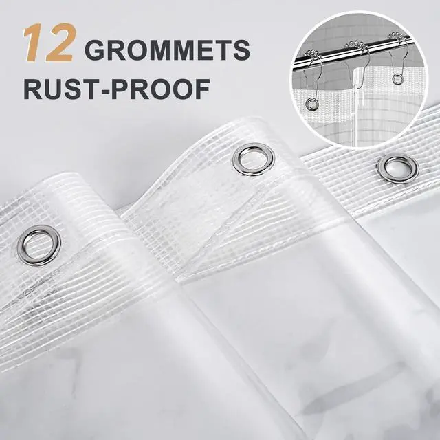 Alt view image 3 of 7 - Heavy Duty Shower Curtain Liner 12 Gauge, 72 x 72 Inches Clear Shower Curtain Liner with 3 Clear Stones and 12 Grommet Holes, Weighted Plastic Shower Liner