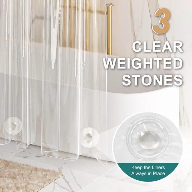 Alt view image 4 of 7 - Heavy Duty Shower Curtain Liner 12 Gauge, 72 x 72 Inches Clear Shower Curtain Liner with 3 Clear Stones and 12 Grommet Holes, Weighted Plastic Shower Liner