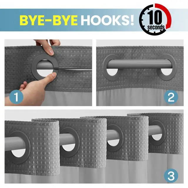 Alt view image 2 of 7 - No Hook Shower Curtain with Snap in Liner Set Waffle Shower Curtain for Bathroom Hotel Style Fabric Waterproof Inner Liner71" W x 74" H, Grey