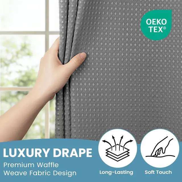 Alt view image 3 of 7 - No Hook Shower Curtain with Snap in Liner Set Waffle Shower Curtain for Bathroom Hotel Style Fabric Waterproof Inner Liner71" W x 74" H, Grey