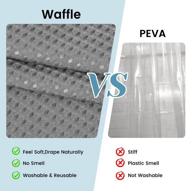 Alt view image 5 of 7 - No Hook Shower Curtain with Snap in Liner Set Waffle Shower Curtain for Bathroom Hotel Style Fabric Waterproof Inner Liner71" W x 74" H, Grey