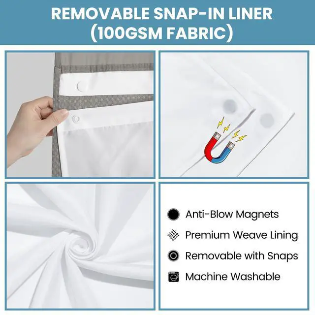 Alt view image 7 of 7 - No Hook Shower Curtain with Snap in Liner Set Waffle Shower Curtain for Bathroom Hotel Style Fabric Waterproof Inner Liner71" W x 74" H, Grey