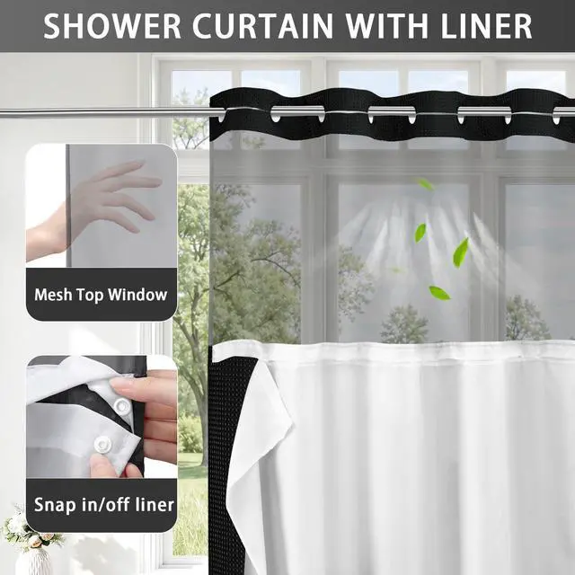 Alt view image 3 of 6 - No Hook Shower Curtain and Liner Set,Black Hotel Waffle Shower Curtain with Liner 75" L x 72" W