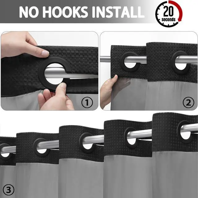 Alt view image 2 of 6 - No Hook Shower Curtain and Liner Set,Black Hotel Waffle Shower Curtain with Liner 75" L x 72" W