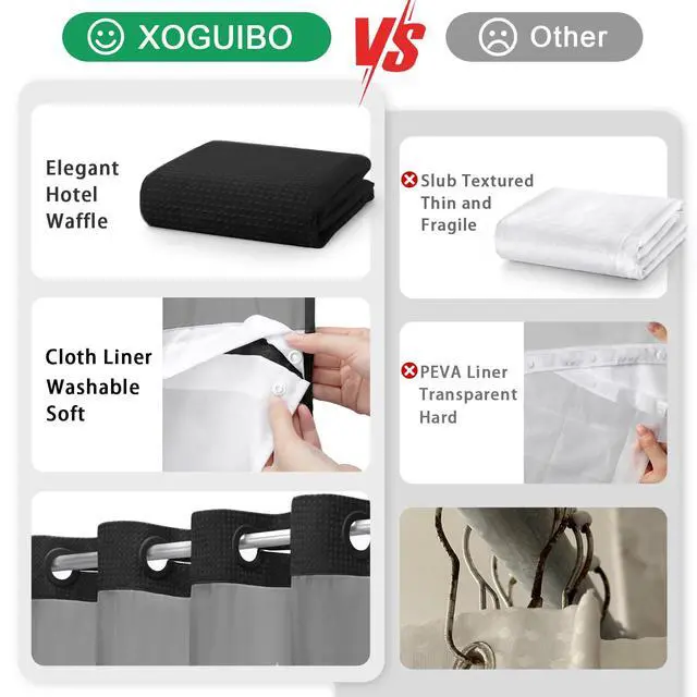 Alt view image 5 of 6 - No Hook Shower Curtain and Liner Set,Black Hotel Waffle Shower Curtain with Liner 75" L x 72" W