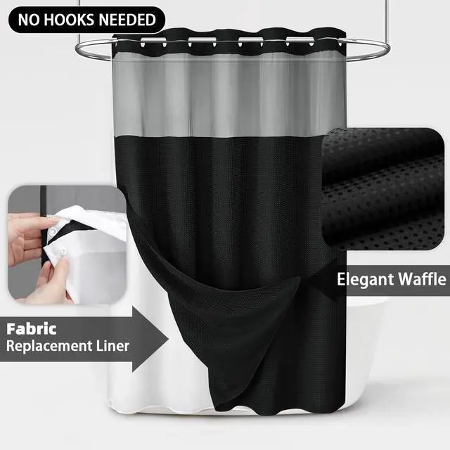 Alt view image 6 of 6 - No Hook Shower Curtain and Liner Set,Black Hotel Waffle Shower Curtain with Liner 75" L x 72" W