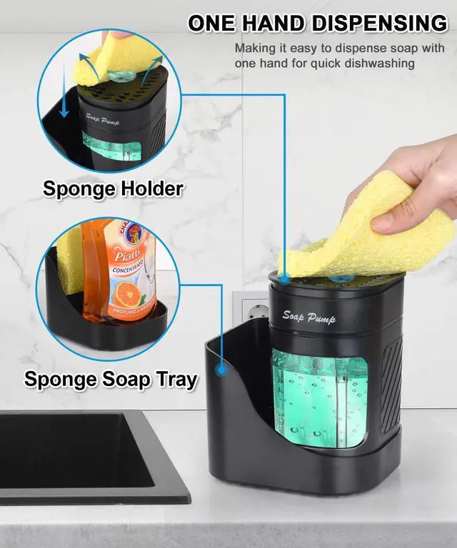 Alt view image 2 of 6 - Kitchen Dish Soap Dispenser with Sponge Holder, 3-in-1 Countertop Dishwashing Soap Pump Dispenser Set for Kitchen Sink, Useful Kitchen Gadgets - Black