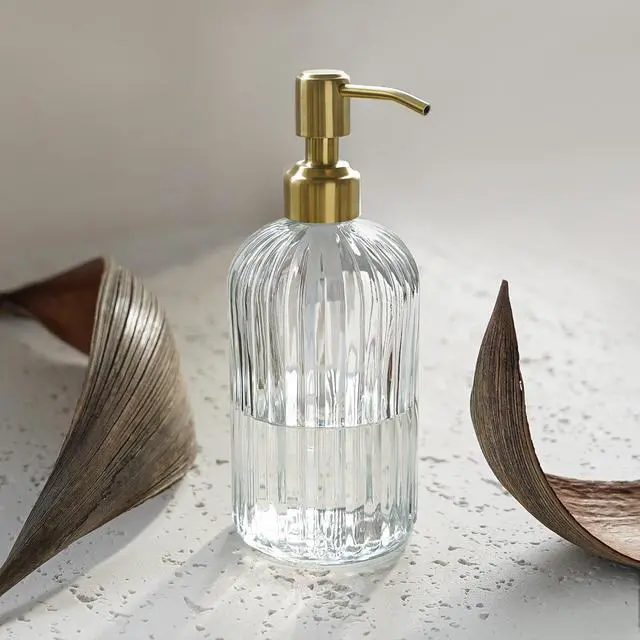 Alt view image 5 of 6 - 18Oz Glass Soap Dispenser with Golden Pump for Kitchen,Refillable Liquid Hand soap Dispenser with Vertical Stripe, Clear Soap Dispenser Bathroom for Hand soap, Dish Soap, Lotion