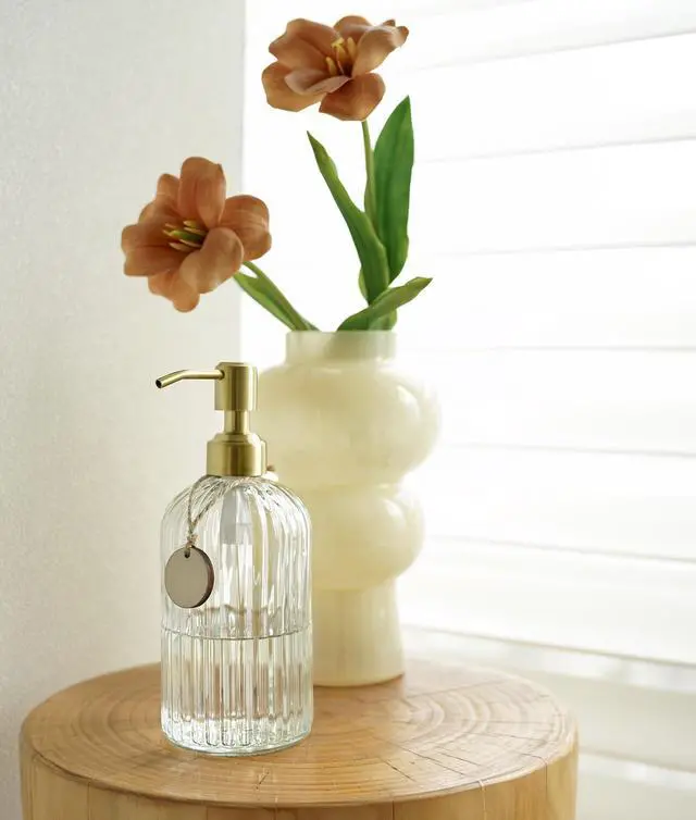 Alt view image 4 of 6 - 18Oz Glass Soap Dispenser with Golden Pump for Kitchen,Refillable Liquid Hand soap Dispenser with Vertical Stripe, Clear Soap Dispenser Bathroom for Hand soap, Dish Soap, Lotion
