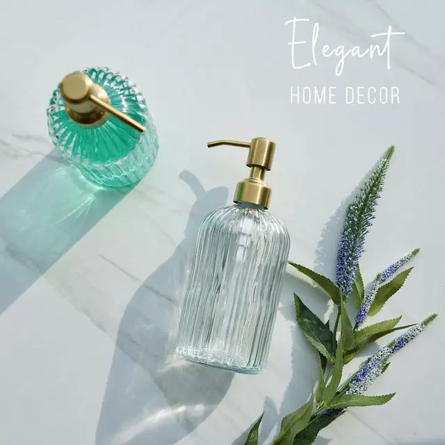 Alt view image 6 of 6 - 18Oz Glass Soap Dispenser with Golden Pump for Kitchen,Refillable Liquid Hand soap Dispenser with Vertical Stripe, Clear Soap Dispenser Bathroom for Hand soap, Dish Soap, Lotion