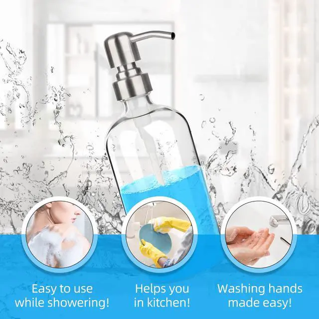 Alt view image 4 of 7 - Glass Soap Dispenser - Clear Dish Soap Dispenser for Kitchen, Refillable Liquid Hand SoapDispenser with Rust Proof Stainless Steel Pump for Bathroom, Countertop (17 Ounce/ 500 ML)