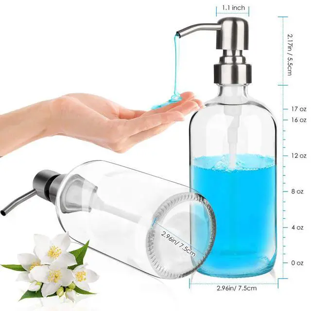Alt view image 2 of 7 - Glass Soap Dispenser - Clear Dish Soap Dispenser for Kitchen, Refillable Liquid Hand SoapDispenser with Rust Proof Stainless Steel Pump for Bathroom, Countertop (17 Ounce/ 500 ML)
