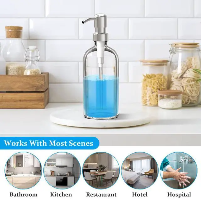 Alt view image 6 of 7 - Glass Soap Dispenser - Clear Dish Soap Dispenser for Kitchen, Refillable Liquid Hand SoapDispenser with Rust Proof Stainless Steel Pump for Bathroom, Countertop (17 Ounce/ 500 ML)