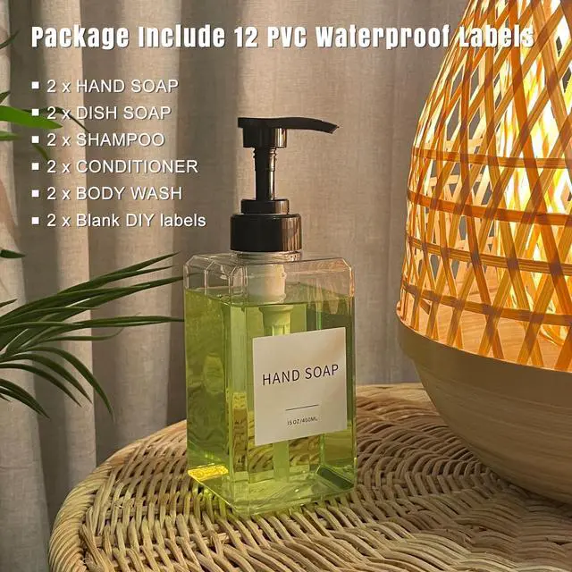 Alt view image 3 of 7 - Clear Soap Dispenser with Waterproof Labels, Thickened Plastic Hand Soap Dispenser for Bathroom, Kitchen Dish Washing Liquid Bottles, Shampoo and Conditioner Bottles with Funnel (15oz 2Pack Clear)