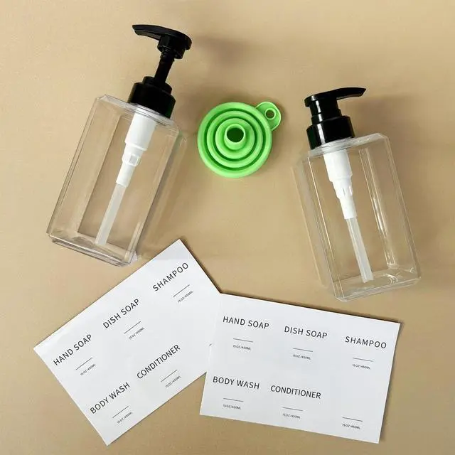 Alt view image 7 of 7 - Clear Soap Dispenser with Waterproof Labels, Thickened Plastic Hand Soap Dispenser for Bathroom, Kitchen Dish Washing Liquid Bottles, Shampoo and Conditioner Bottles with Funnel (15oz 2Pack Clear)