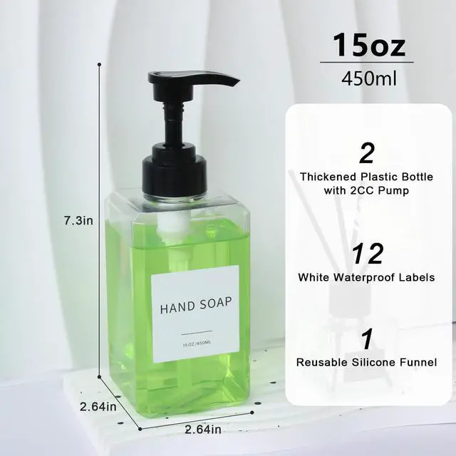 Alt view image 2 of 7 - Clear Soap Dispenser with Waterproof Labels, Thickened Plastic Hand Soap Dispenser for Bathroom, Kitchen Dish Washing Liquid Bottles, Shampoo and Conditioner Bottles with Funnel (15oz 2Pack Clear)