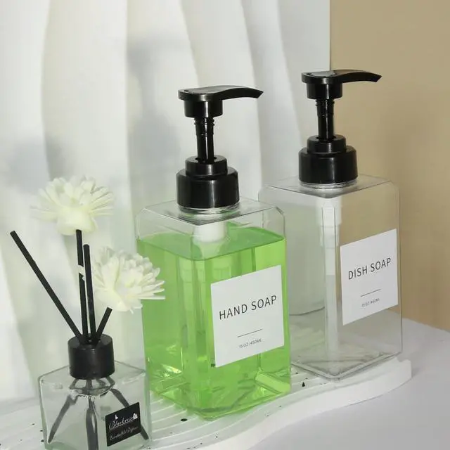 Alt view image 4 of 7 - Clear Soap Dispenser with Waterproof Labels, Thickened Plastic Hand Soap Dispenser for Bathroom, Kitchen Dish Washing Liquid Bottles, Shampoo and Conditioner Bottles with Funnel (15oz 2Pack Clear)