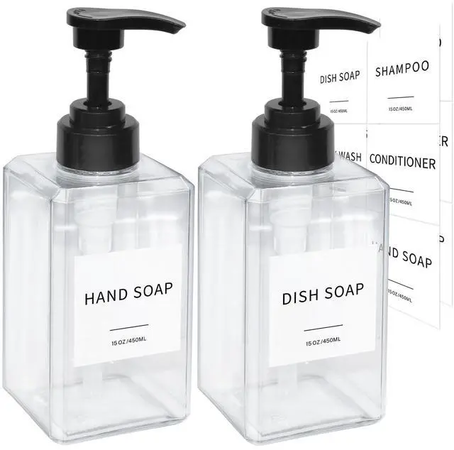 Main image of Clear Soap Dispenser with Waterproof Labels, Thickened Plastic Hand Soap Dispenser for Bathroom, Kitchen Dish Washing Liquid Bottles, Shampoo and Conditioner Bottles with Funnel (15oz 2Pack Clear)