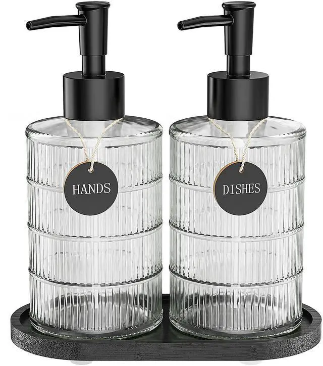 Main image of Soap Dispenser Set with Bamboo Tray, Dish and Hand Soap Lotion Dispenser Set with Wooden Pump for Kitchen and Bathroom Decor for Counter, Modern Vintage Liquid Soap Dispensers (Clear&Black)