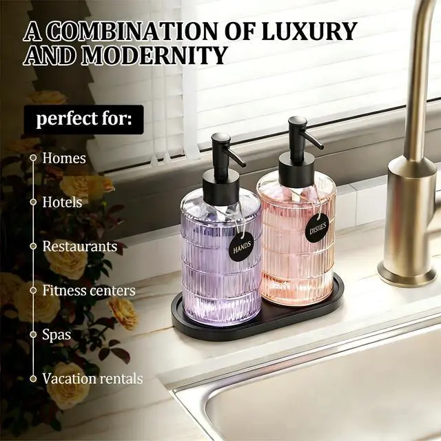 Alt view image 3 of 7 - Soap Dispenser Set with Bamboo Tray, Dish and Hand Soap Lotion Dispenser Set with Wooden Pump for Kitchen and Bathroom Decor for Counter, Modern Vintage Liquid Soap Dispensers (Clear&Black)