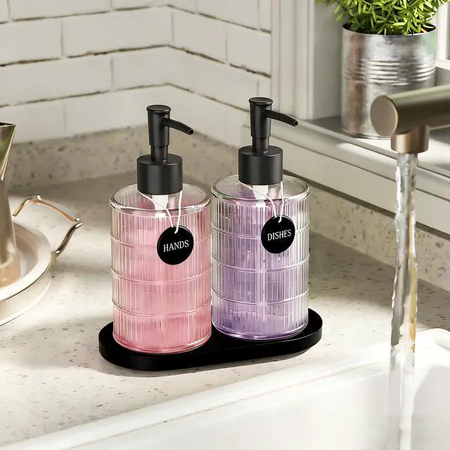 Alt view image 4 of 7 - Soap Dispenser Set with Bamboo Tray, Dish and Hand Soap Lotion Dispenser Set with Wooden Pump for Kitchen and Bathroom Decor for Counter, Modern Vintage Liquid Soap Dispensers (Clear&Black)