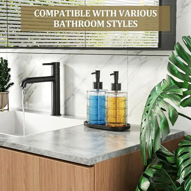 Alt view image 5 of 7 - Soap Dispenser Set with Bamboo Tray, Dish and Hand Soap Lotion Dispenser Set with Wooden Pump for Kitchen and Bathroom Decor for Counter, Modern Vintage Liquid Soap Dispensers (Clear&Black)