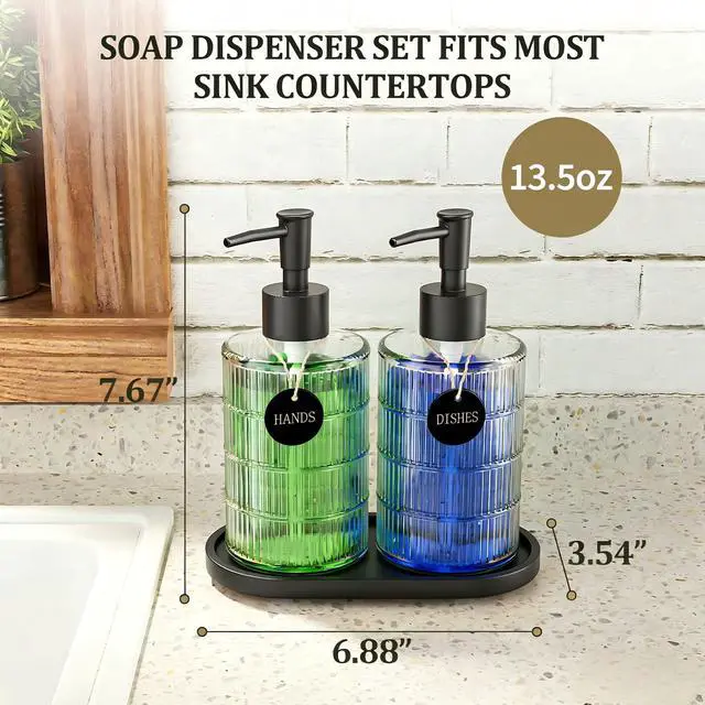 Alt view image 2 of 7 - Soap Dispenser Set with Bamboo Tray, Dish and Hand Soap Lotion Dispenser Set with Wooden Pump for Kitchen and Bathroom Decor for Counter, Modern Vintage Liquid Soap Dispensers (Clear&Black)