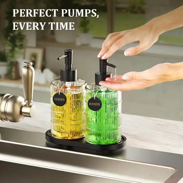 Alt view image 6 of 7 - Soap Dispenser Set with Bamboo Tray, Dish and Hand Soap Lotion Dispenser Set with Wooden Pump for Kitchen and Bathroom Decor for Counter, Modern Vintage Liquid Soap Dispensers (Clear&Black)